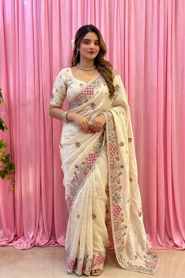 Cream Floral Embroidered Tissue Saree (VZ-Herons4-Cream)