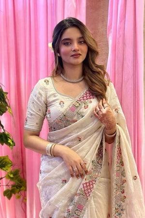 Cream Floral Embroidered Tissue Saree (VZ-Herons4-Cream)
