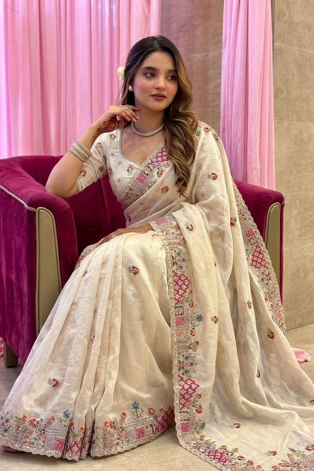 Cream Floral Embroidered Tissue Saree (VZ-Herons4-Cream)