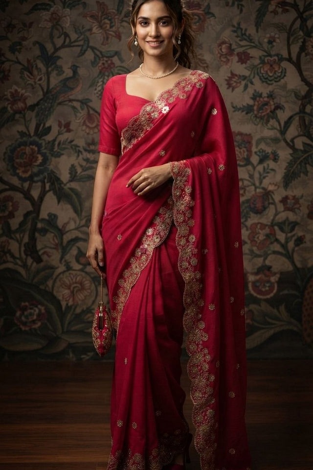 Pink Floral Embroidered Satin Saree (VZ-Mosam1-Pink)