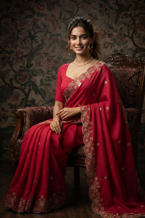 Pink Floral Embroidered Satin Saree (VZ-Mosam1-Pink)