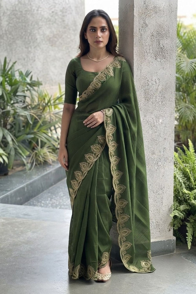 Mehendi Floral Embroidered Satin Saree (VZ-Mosam2-Mahendi)