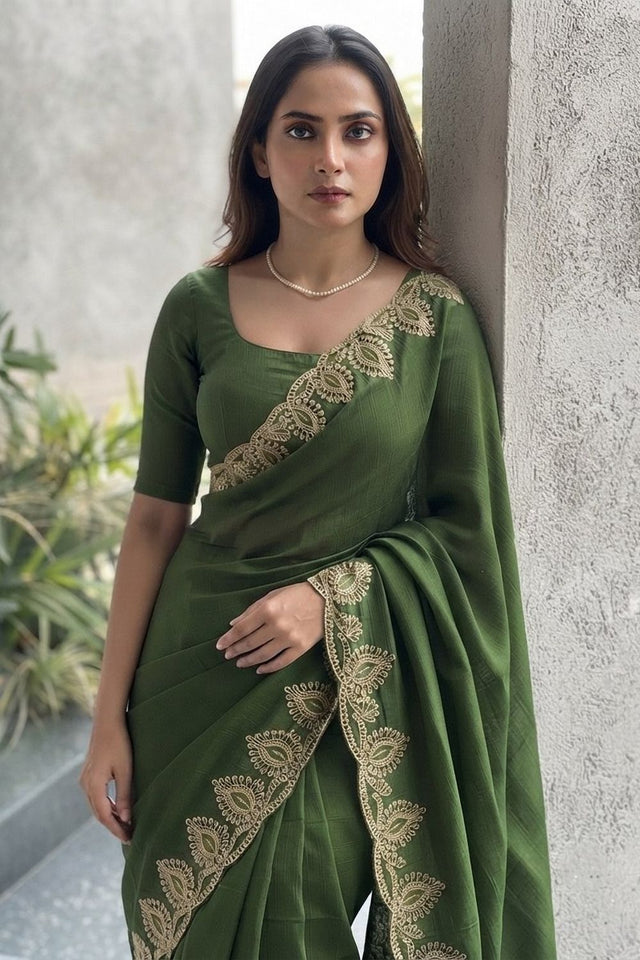 Mehendi Floral Embroidered Satin Saree (VZ-Mosam2-Mahendi)