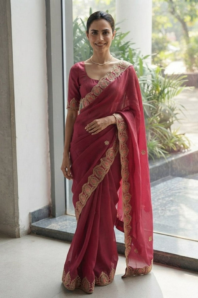 Pink Floral Embroidered Satin Saree (VZ-Mosam2-Pink)