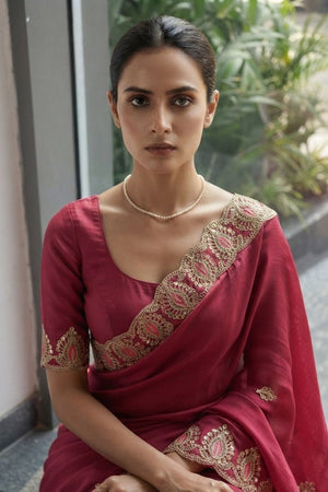 Pink Floral Embroidered Satin Saree (VZ-Mosam2-Pink)