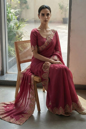 Pink Floral Embroidered Satin Saree (VZ-Mosam2-Pink)