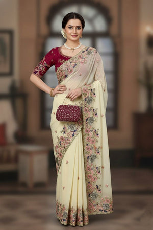 Cream Floral Embroidered Georgette Saree (VZ-Onetara)
