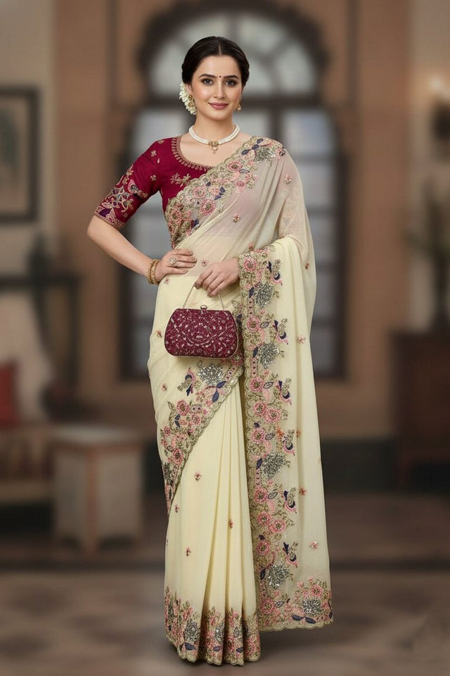 Cream Floral Embroidered Georgette Saree (VZ-Onetara)
