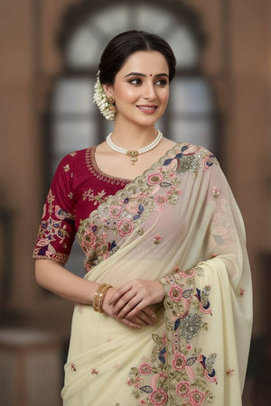 Cream Floral Embroidered Georgette Saree (VZ-Onetara)