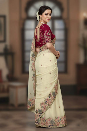 Cream Floral Embroidered Georgette Saree (VZ-Onetara)
