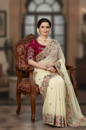 Cream Floral Embroidered Georgette Saree (VZ-Onetara)