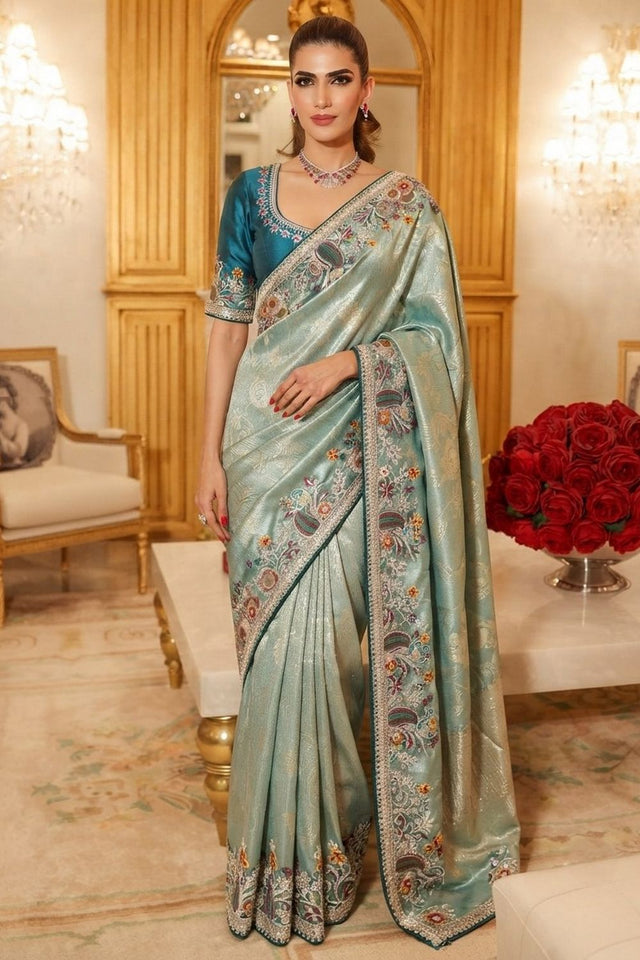 Sea Blue Floral Embroidered Kanjivaram Silk Saree (VZ-Rajwadi-Aqua)