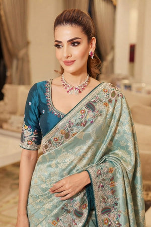 Sea Blue Floral Embroidered Kanjivaram Silk Saree (VZ-Rajwadi-Aqua)