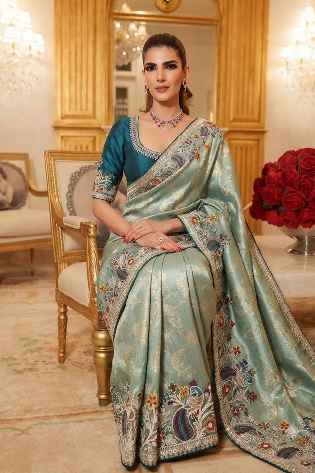Sea Blue Floral Embroidered Kanjivaram Silk Saree (VZ-Rajwadi-Aqua)