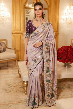 Lavender Floral Embroidered Kanjivaram Silk Saree (VZ-Rajwadi-Lavender)