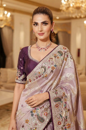 Lavender Floral Embroidered Kanjivaram Silk Saree (VZ-Rajwadi-Lavender)