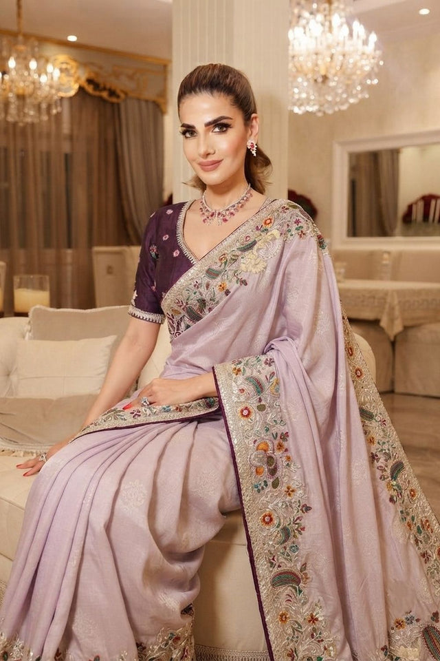 Lavender Floral Embroidered Kanjivaram Silk Saree (VZ-Rajwadi-Lavender)