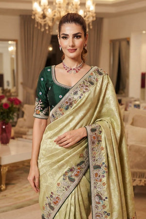 Light Green Floral Embroidered Kanjivaram Silk Saree (VZ-Rajwadi-Pistachio green)