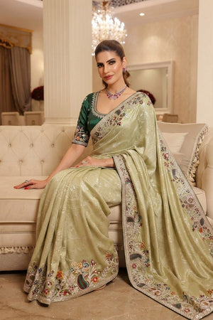 Light Green Floral Embroidered Kanjivaram Silk Saree (VZ-Rajwadi-Pistachio green)