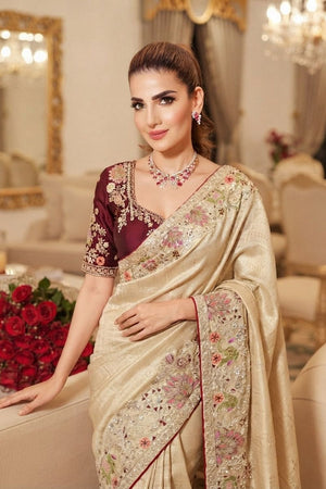 Cream Heavy Embroidered Kanjivaram Silk Saree (VZ-Royal Hathi-Cream)