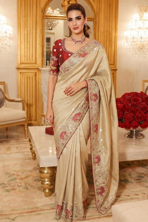 Cream Embellished Kanjivaram Silk Saree (VZ-Royal Hiran-Cream)
