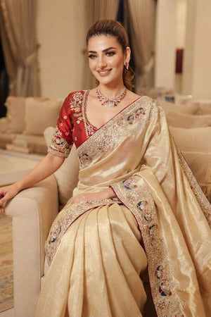 Cream Stone Embossed Border Kanjivaram Silk Saree (VZ-Royal Mor-Cream)
