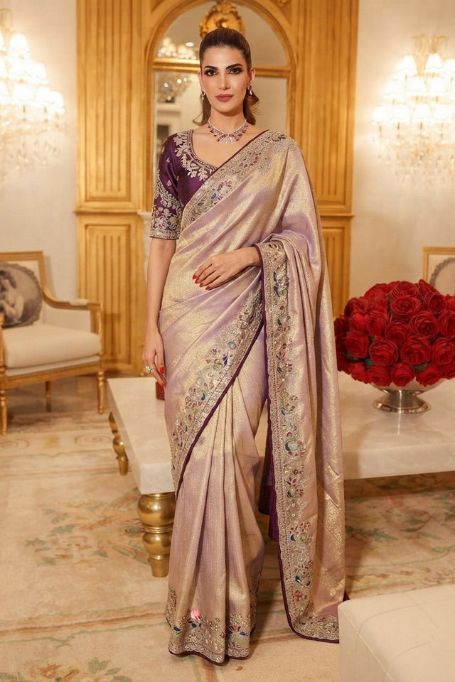 Mauve Stone Embossed Border Kanjivaram Silk Saree (VZ-Royal Mor-Mauve)