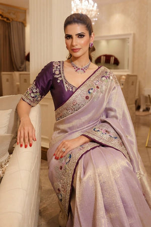 Mauve Stone Embossed Border Kanjivaram Silk Saree (VZ-Royal Mor-Mauve)