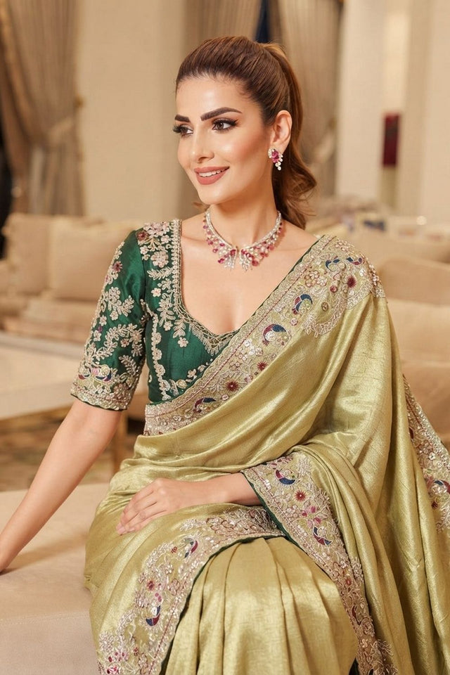 Green Stone Embossed Border Kanjivaram Silk Saree (VZ-Royal Mor-Pista)