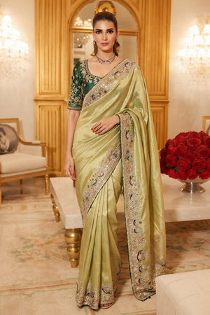 Green Stone Embossed Border Kanjivaram Silk Saree (VZ-Royal Mor-Pista)
