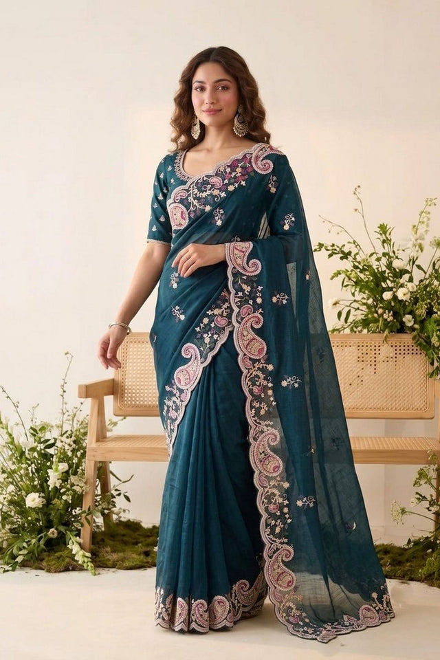 Turquoise Floral Embroidered Silk Saree (VZ-Rutva-Teal)