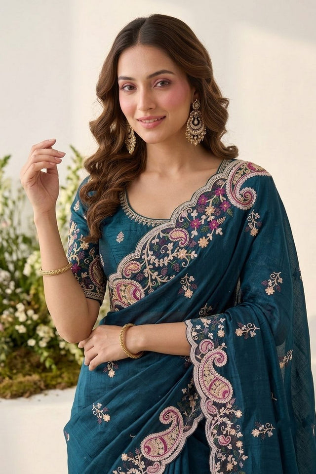 Turquoise Floral Embroidered Silk Saree (VZ-Rutva-Teal)