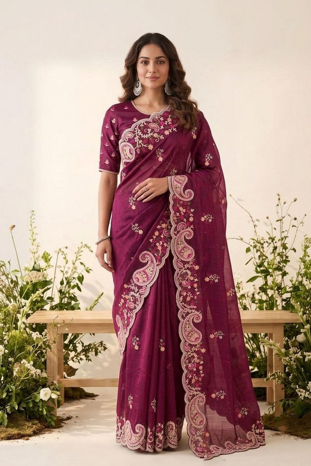 Wine Floral Embroidered Silk Saree (VZ-Rutva-Wine)