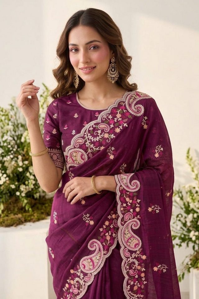 Wine Floral Embroidered Silk Saree (VZ-Rutva-Wine)