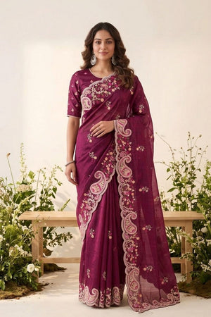 Wine Floral Embroidered Silk Saree (VZ-Rutva-Wine)