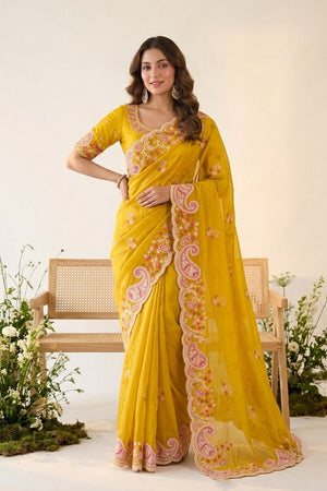 Yellow Floral Embroidered Silk Saree (VZ-Rutva-Yellow)