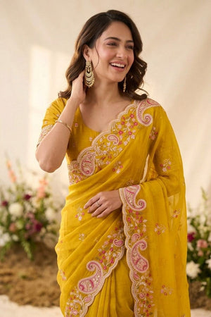 Yellow Floral Embroidered Silk Saree (VZ-Rutva-Yellow)