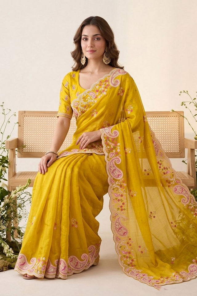 Yellow Floral Embroidered Silk Saree (VZ-Rutva-Yellow)