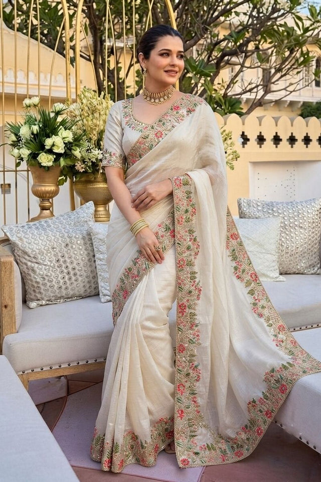 Off White Floral Embroidered Border Satin Silk Saree (VZ-Shivangee-Off White)