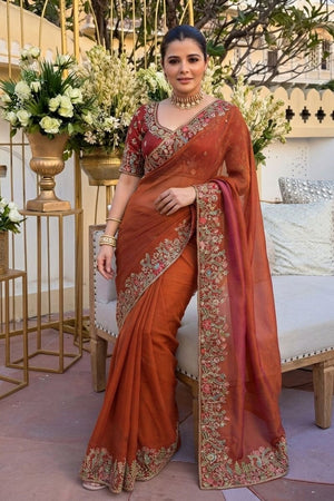 Rust Floral Embroidered Border Satin Silk Saree (VZ-Shivangee-Rust)