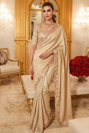 Cream Beads Embroidered Border Kanjivaram Silk Saree (VZ-Spiral-Cream)