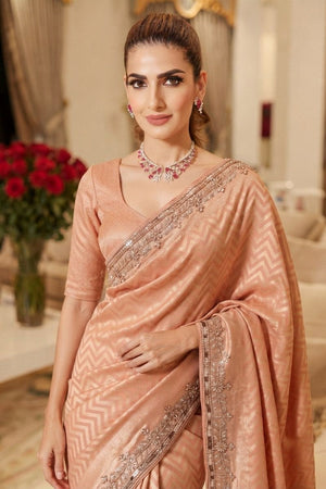 Peach Beads Embroidered Border Kanjivaram Silk Saree (VZ-Spiral-Peach)