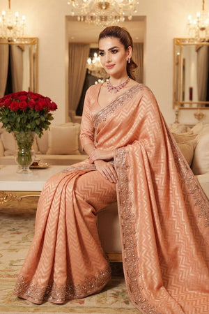 Peach Beads Embroidered Border Kanjivaram Silk Saree (VZ-Spiral-Peach)