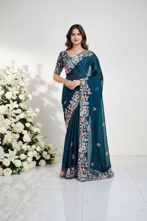 Turquoise Floral Embroidered Silk Saree (VZ-Swastik)