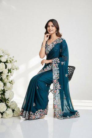 Turquoise Floral Embroidered Silk Saree (VZ-Swastik)