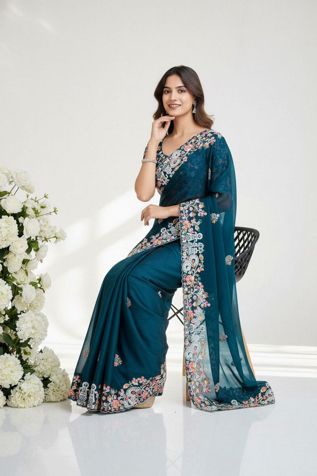 Turquoise Floral Embroidered Silk Saree (VZ-Swastik)