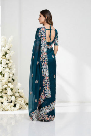 Turquoise Floral Embroidered Silk Saree (VZ-Swastik)