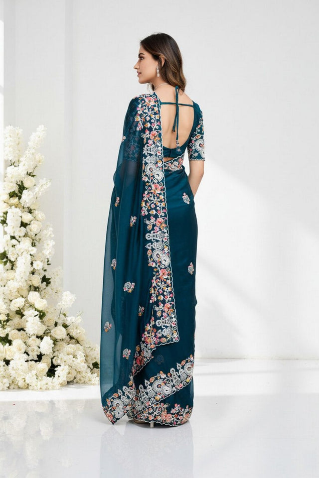 Turquoise Floral Embroidered Silk Saree (VZ-Swastik)