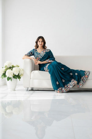 Turquoise Floral Embroidered Silk Saree (VZ-Swastik)