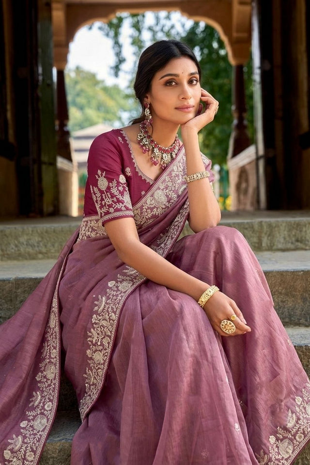 Mauve Floral Embroidered Silk Saree (VZ-Toxic)